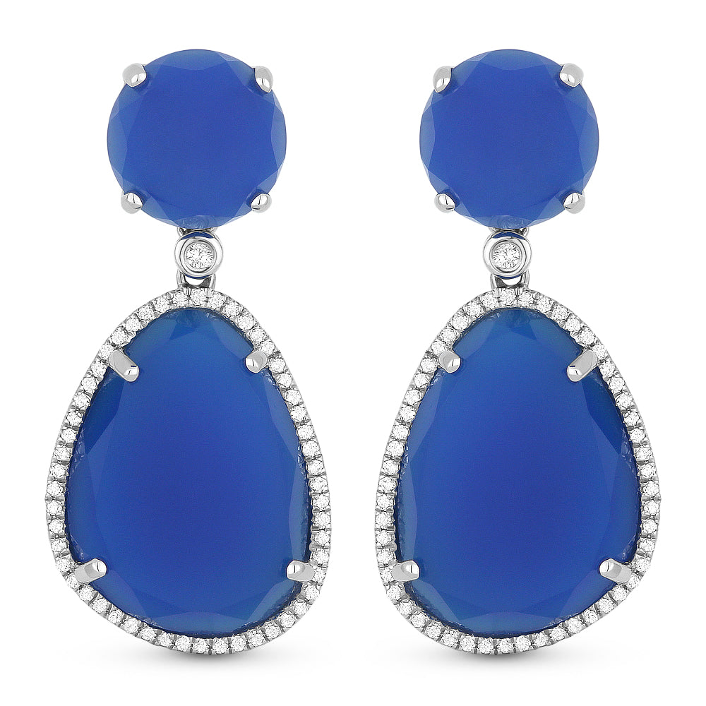 Beautiful Hand Crafted 14K White Gold  Blue Agate And Diamond Eclectica Collection Drop Dangle Earrings With A Lever Back Closure