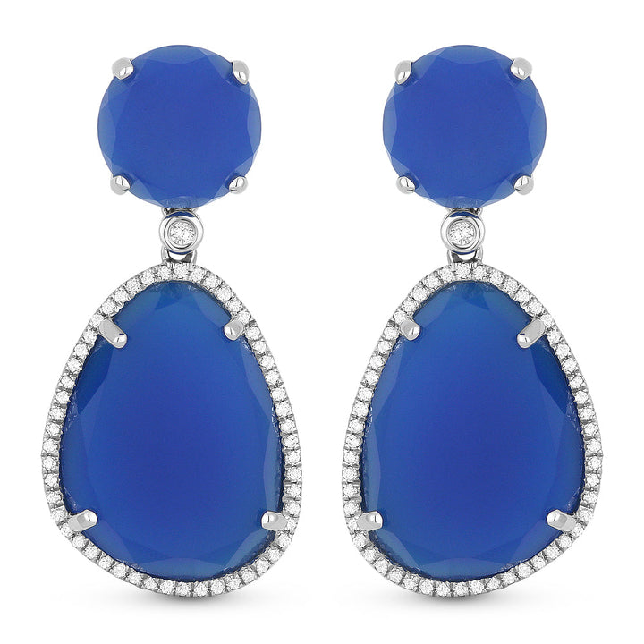 Beautiful Hand Crafted 14K White Gold  Blue Agate And Diamond Eclectica Collection Drop Dangle Earrings With A Lever Back Closure