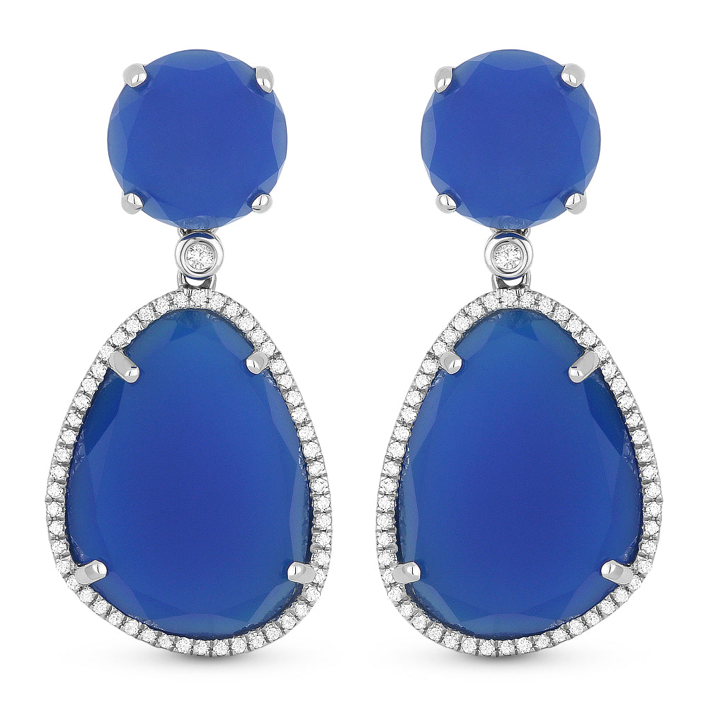 Beautiful Hand Crafted 14K White Gold  Blue Agate And Diamond Eclectica Collection Drop Dangle Earrings With A Lever Back Closure