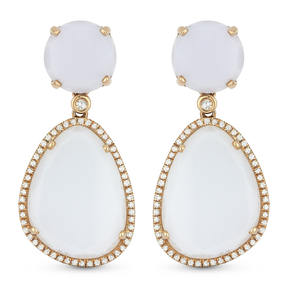 Beautiful Hand Crafted 14K Rose Gold  Chalcedony And Diamond Eclectica Collection Drop Dangle Earrings With A Lever Back Closure