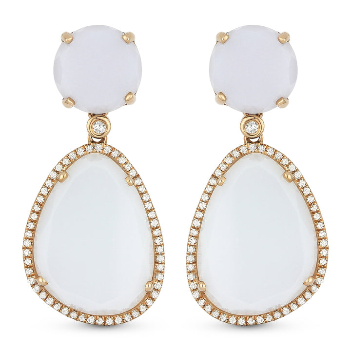 Beautiful Hand Crafted 14K Rose Gold  Chalcedony And Diamond Eclectica Collection Drop Dangle Earrings With A Lever Back Closure