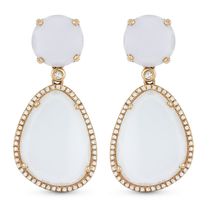 Beautiful Hand Crafted 14K Rose Gold  Chalcedony And Diamond Eclectica Collection Drop Dangle Earrings With A Lever Back Closure