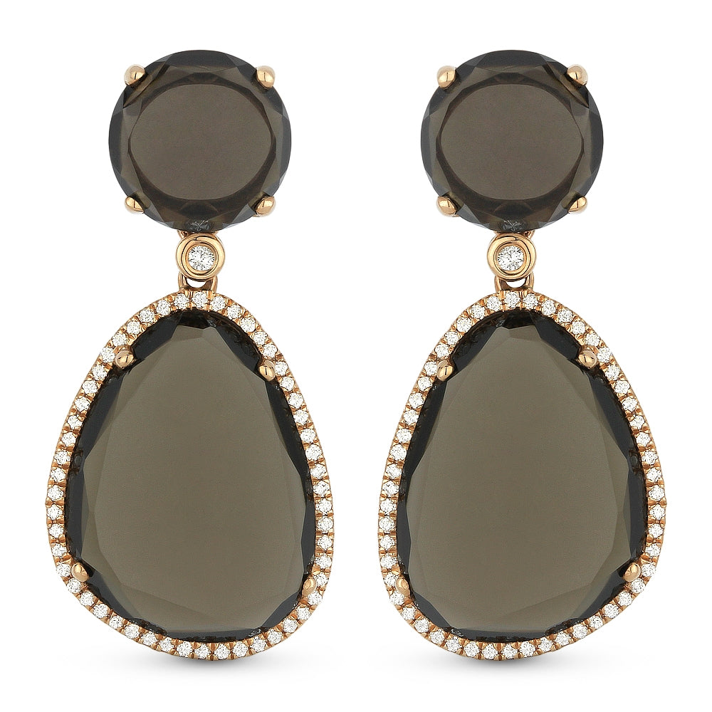 Beautiful Hand Crafted 14K Rose Gold  Smokey Topaz And Diamond Eclectica Collection Drop Dangle Earrings With A Lever Back Closure