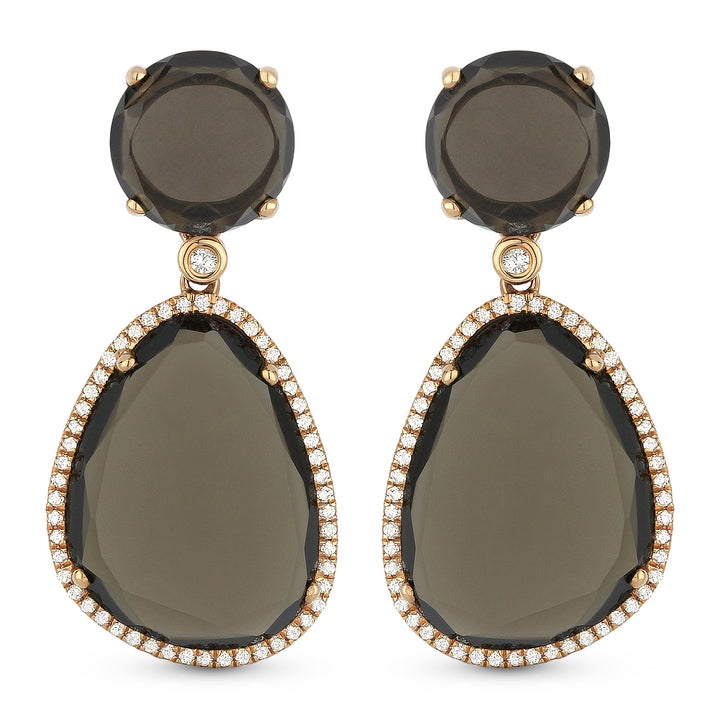 Beautiful Hand Crafted 14K Rose Gold  Smokey Topaz And Diamond Eclectica Collection Drop Dangle Earrings With A Lever Back Closure