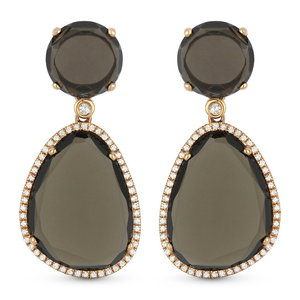 Beautiful Hand Crafted 14K Rose Gold  Smokey Topaz And Diamond Eclectica Collection Drop Dangle Earrings With A Lever Back Closure