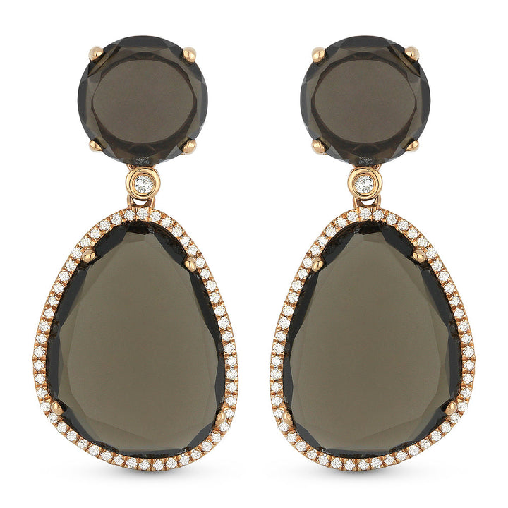 Beautiful Hand Crafted 14K Rose Gold  Smokey Topaz And Diamond Eclectica Collection Drop Dangle Earrings With A Lever Back Closure