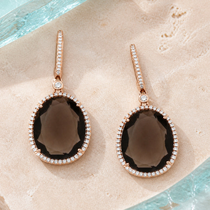 DE10378 - 14K Rose Gold Red Agate & Smokey Topaz Drop Earrings