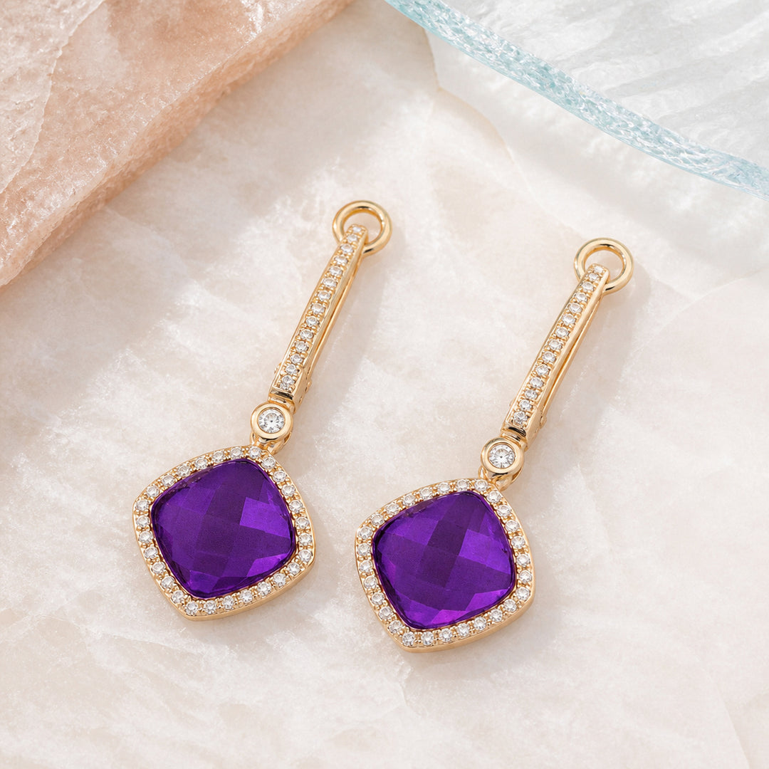 DE10466 - 14K Rose Gold Amethyst Cushion Drop Earrings