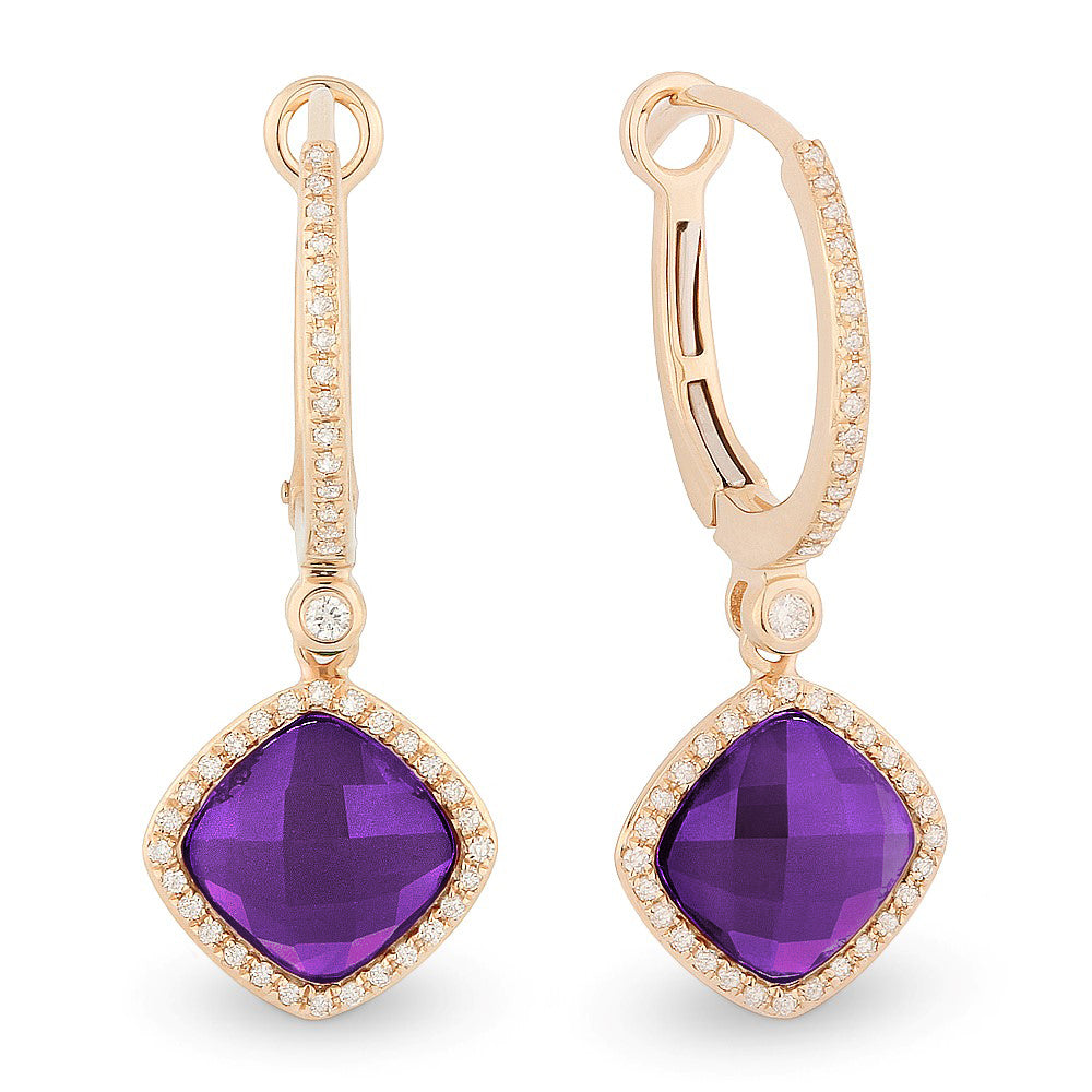 Beautiful Hand Crafted 14K Rose Gold  Amethyst And Diamond Eclectica Collection Drop Dangle Earrings With A Lever Back Closure