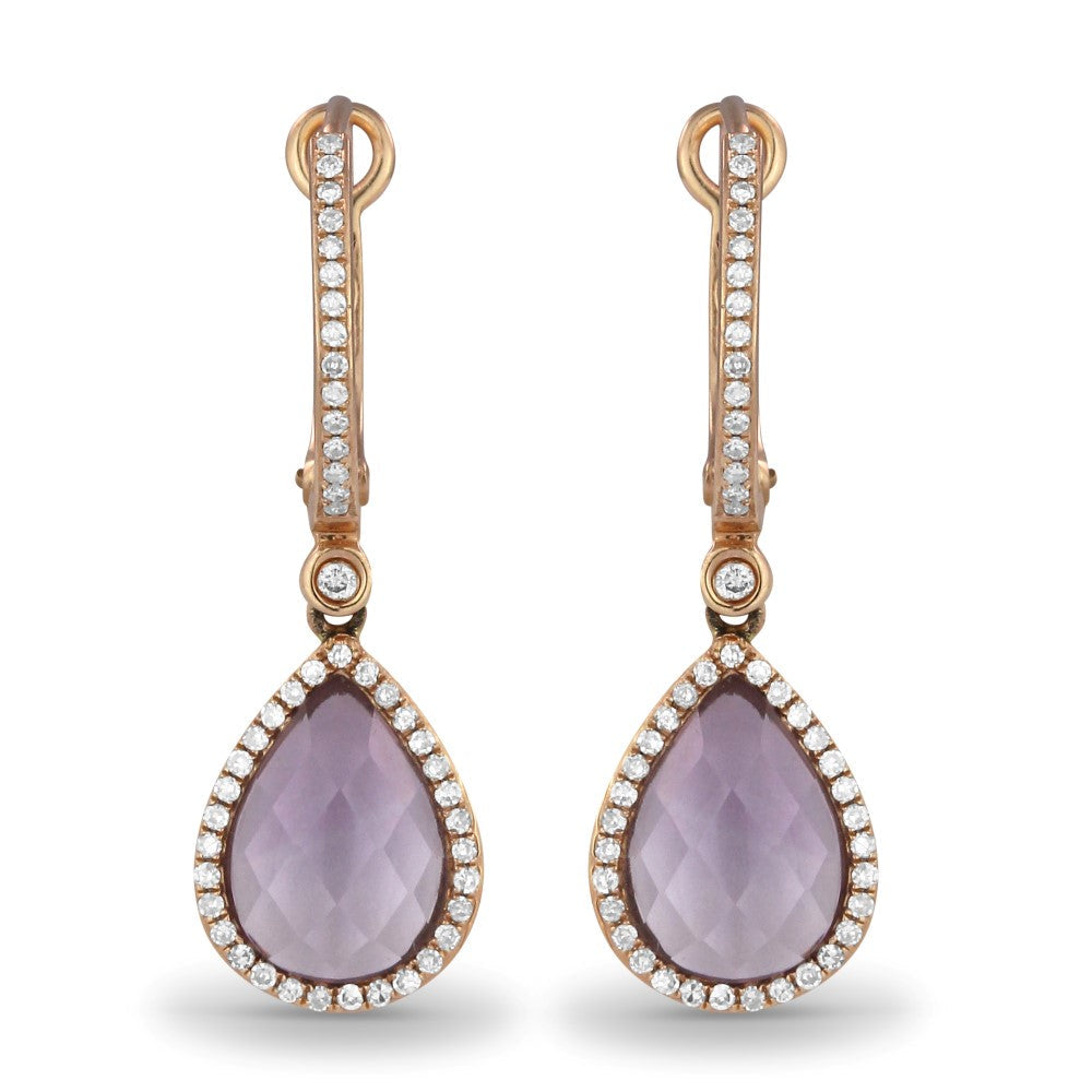Beautiful Hand Crafted 14K Rose Gold  Amethyst And Diamond Eclectica Collection Drop Dangle Earrings With A Lever Back Closure