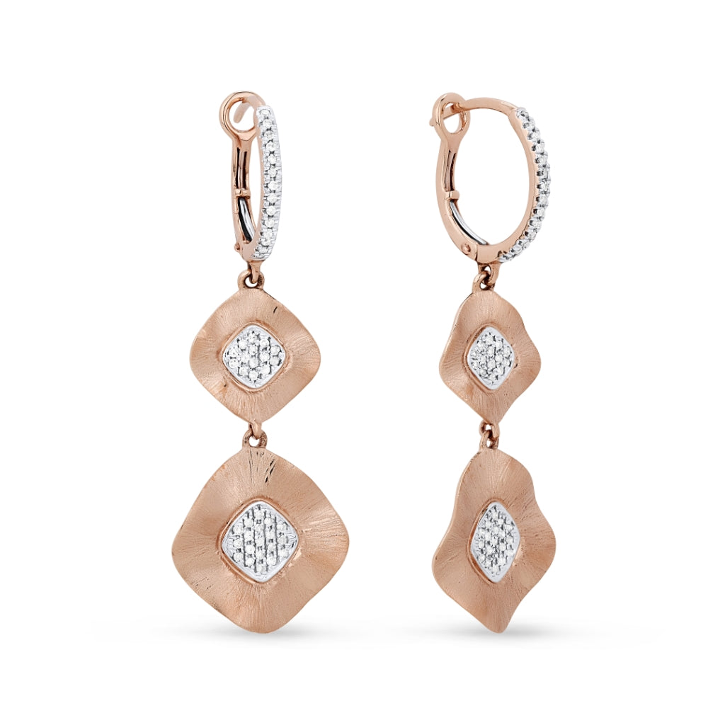 Beautiful Hand Crafted 14K Rose Gold White Diamond Milano Collection Drop Dangle Earrings With A Lever Back Closure