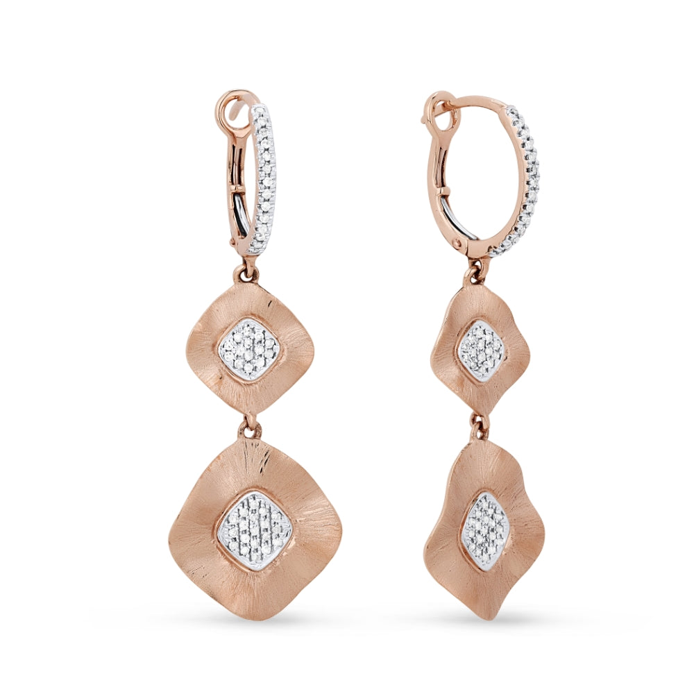 Beautiful Hand Crafted 14K Rose Gold White Diamond Milano Collection Drop Dangle Earrings With A Lever Back Closure