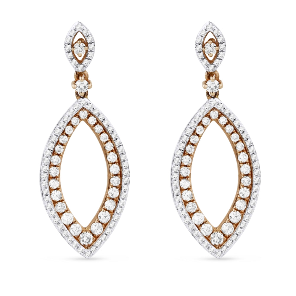 Beautiful Hand Crafted 14K Rose Gold White Diamond Milano Collection Drop Dangle Earrings With A Lever Back Closure