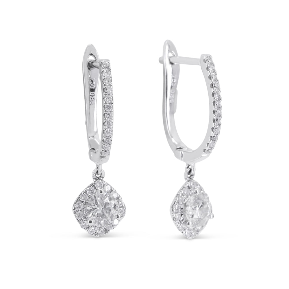 Beautiful Hand Crafted 18K White Gold White Diamond Lumina Collection Drop Dangle Earrings With A Lever Back Closure