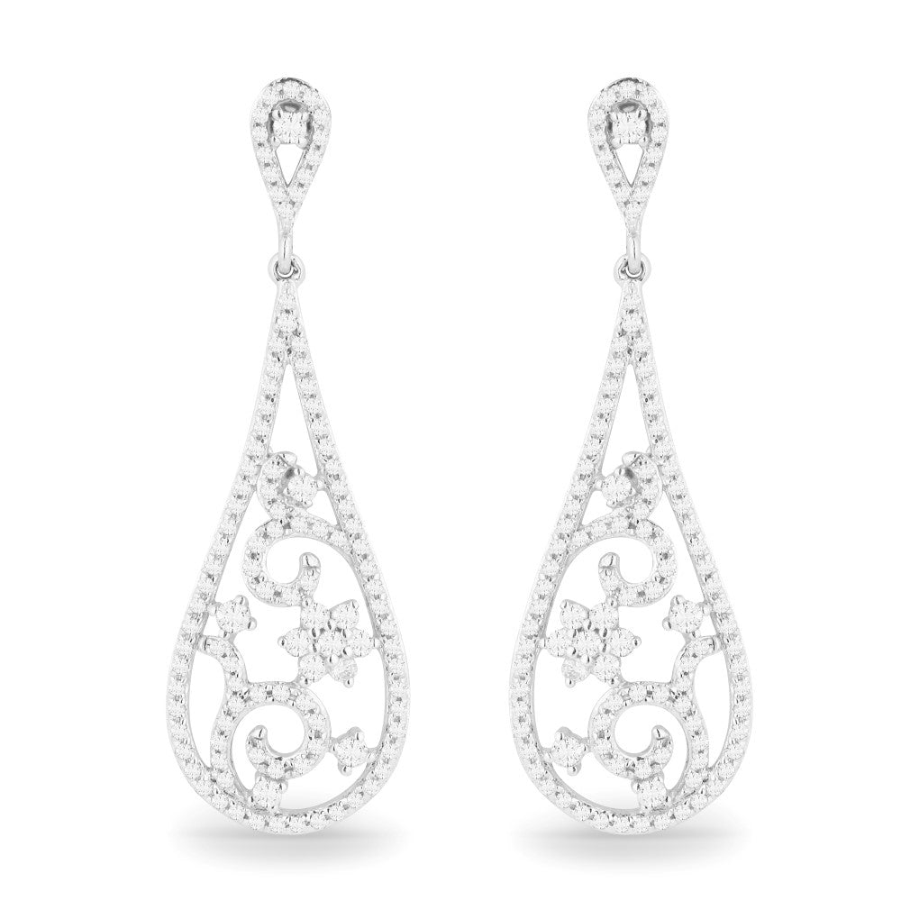 Beautiful Hand Crafted 14K White Gold White Diamond Milano Collection Drop Dangle Earrings With A Lever Back Closure