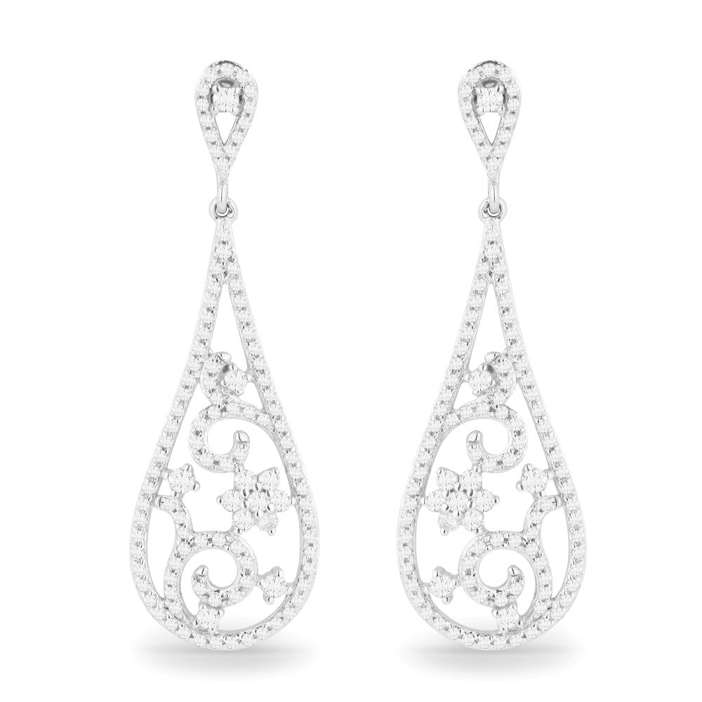 Beautiful Hand Crafted 14K White Gold White Diamond Milano Collection Drop Dangle Earrings With A Lever Back Closure