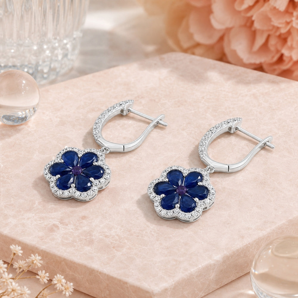 DE11333 - 18K White Gold Sapphire Flower Drop Earrings