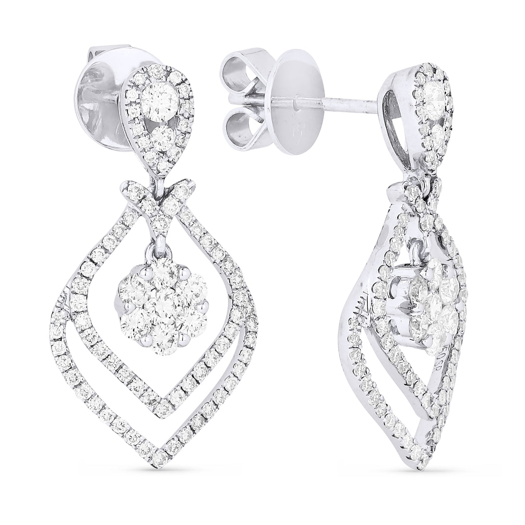 Beautiful Hand Crafted 18K White Gold White Diamond Aspen Collection Drop Dangle Earrings With A Lever Back Closure