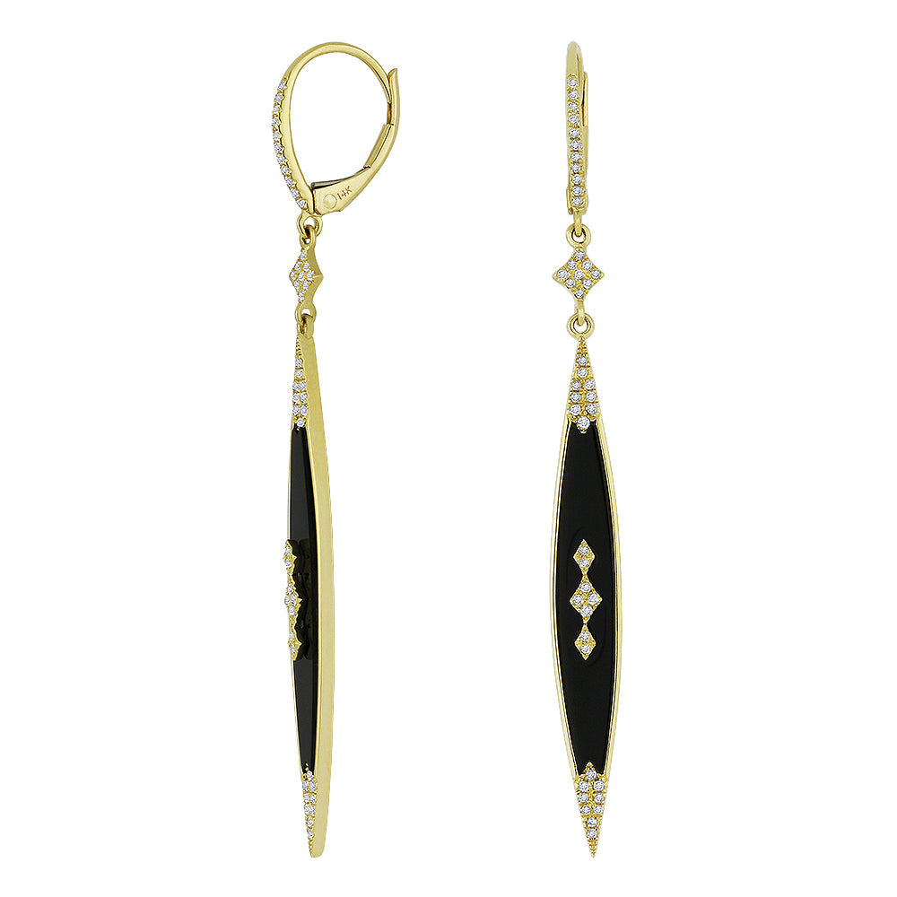 Beautiful Hand Crafted 14K Yellow Gold  Black Onyx And Diamond Stiletto Collection Drop Dangle Earrings With A Lever Back Closure