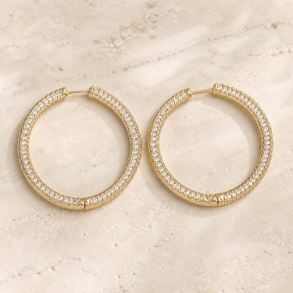 DE2434 - 14K Yellow Gold Diamond In & Out Hoop Earrings