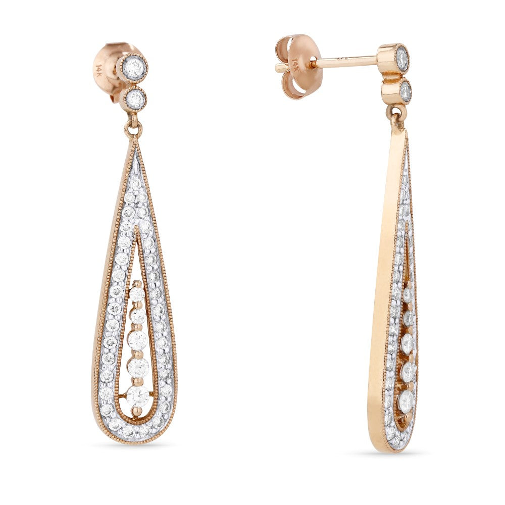 Beautiful Hand Crafted 14K Rose Gold White Diamond Milano Collection Drop Dangle Earrings With A Lever Back Closure