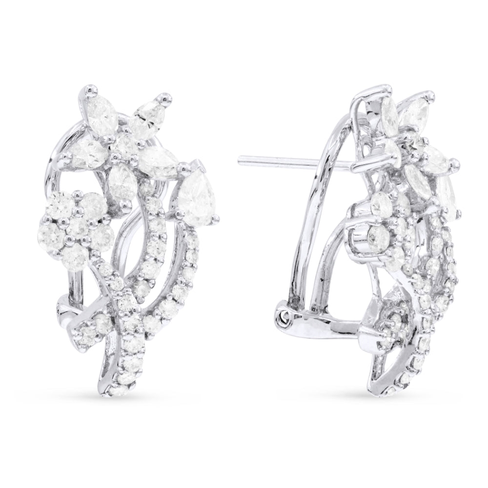 Beautiful Hand Crafted 18K White Gold White Diamond Aspen Collection Hoop Earrings With A Omega Back Closure