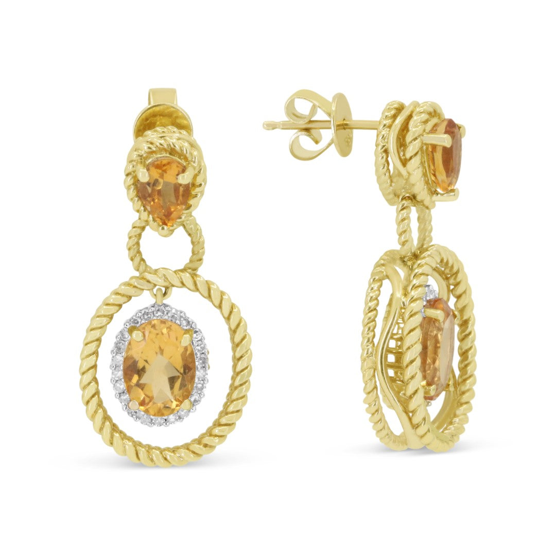 Beautiful Hand Crafted 14K Yellow Gold  Citrine And Diamond Eclectica Collection Drop Dangle Earrings With A Push Back Closure