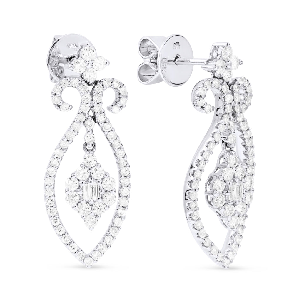 Beautiful Hand Crafted 18K White Gold White Diamond Aspen Collection Drop Dangle Earrings With A Lever Back Closure