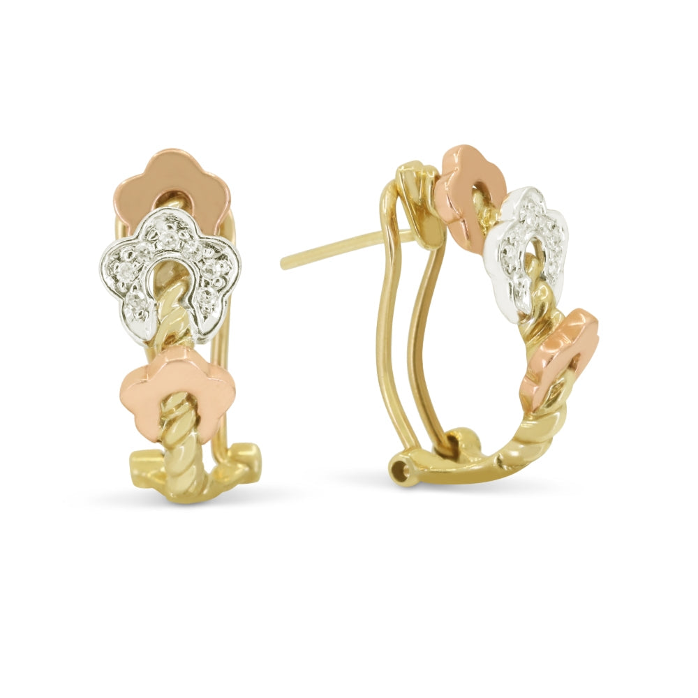 Beautiful Hand Crafted 14K Tri Color Gold White Diamond Milano Collection Hoop Earrings With A Omega Back Closure