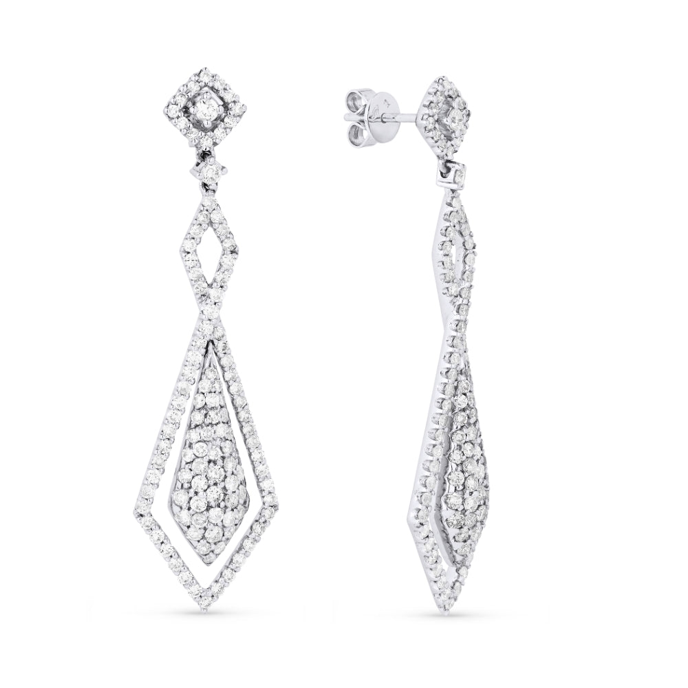 Beautiful Hand Crafted 18K White Gold White Diamond Aspen Collection Drop Dangle Earrings With A Lever Back Closure