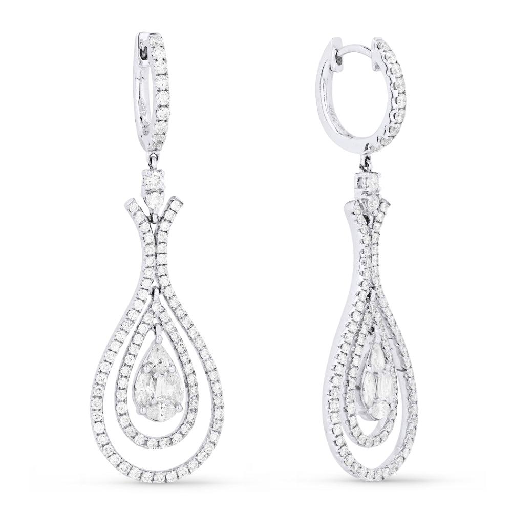 Beautiful Hand Crafted 18K White Gold White Diamond Aspen Collection Drop Dangle Earrings With A Lever Back Closure