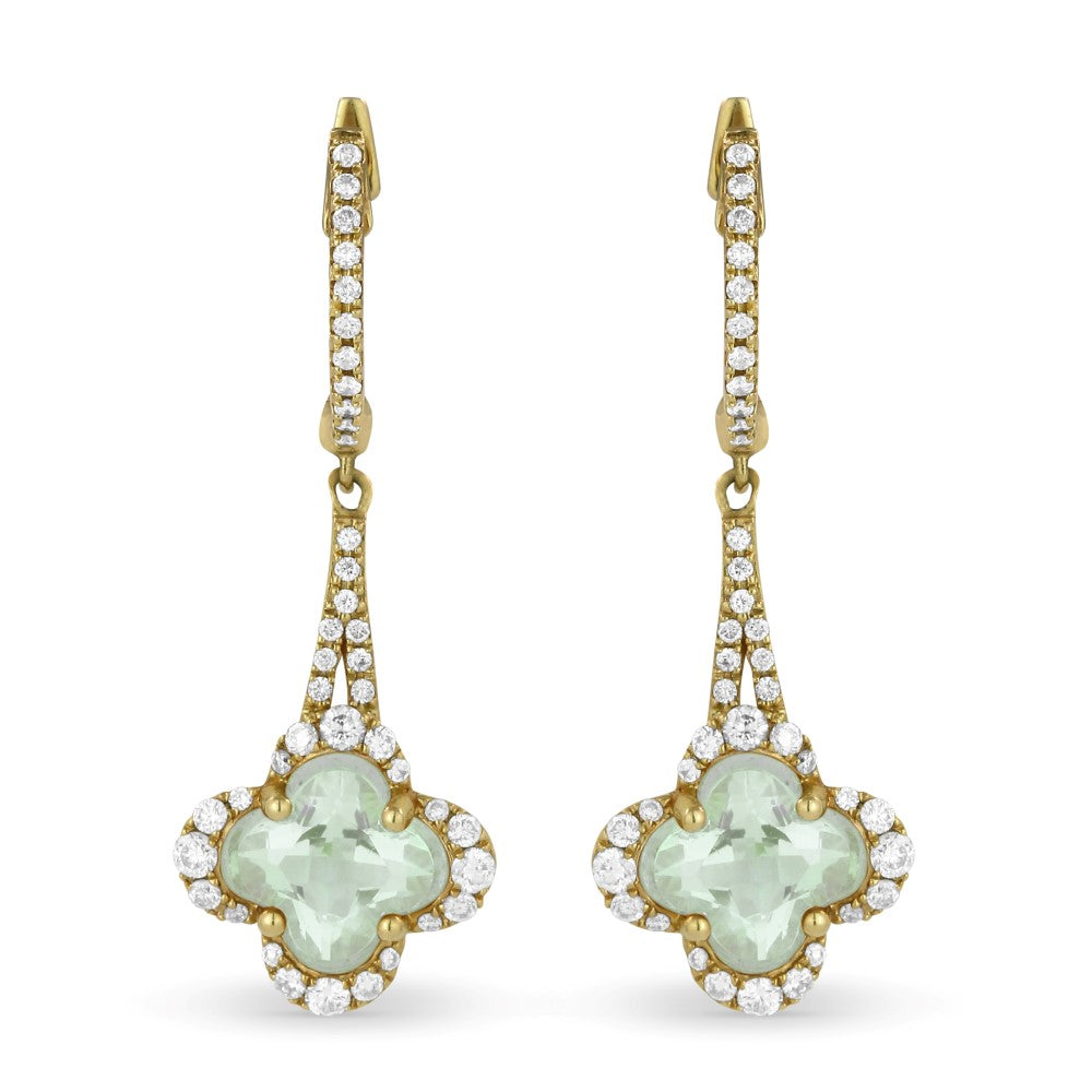 Beautiful Hand Crafted 14K Yellow Gold  Green Amethyst And Diamond Eclectica Collection Drop Dangle Earrings With A Lever Back Closure