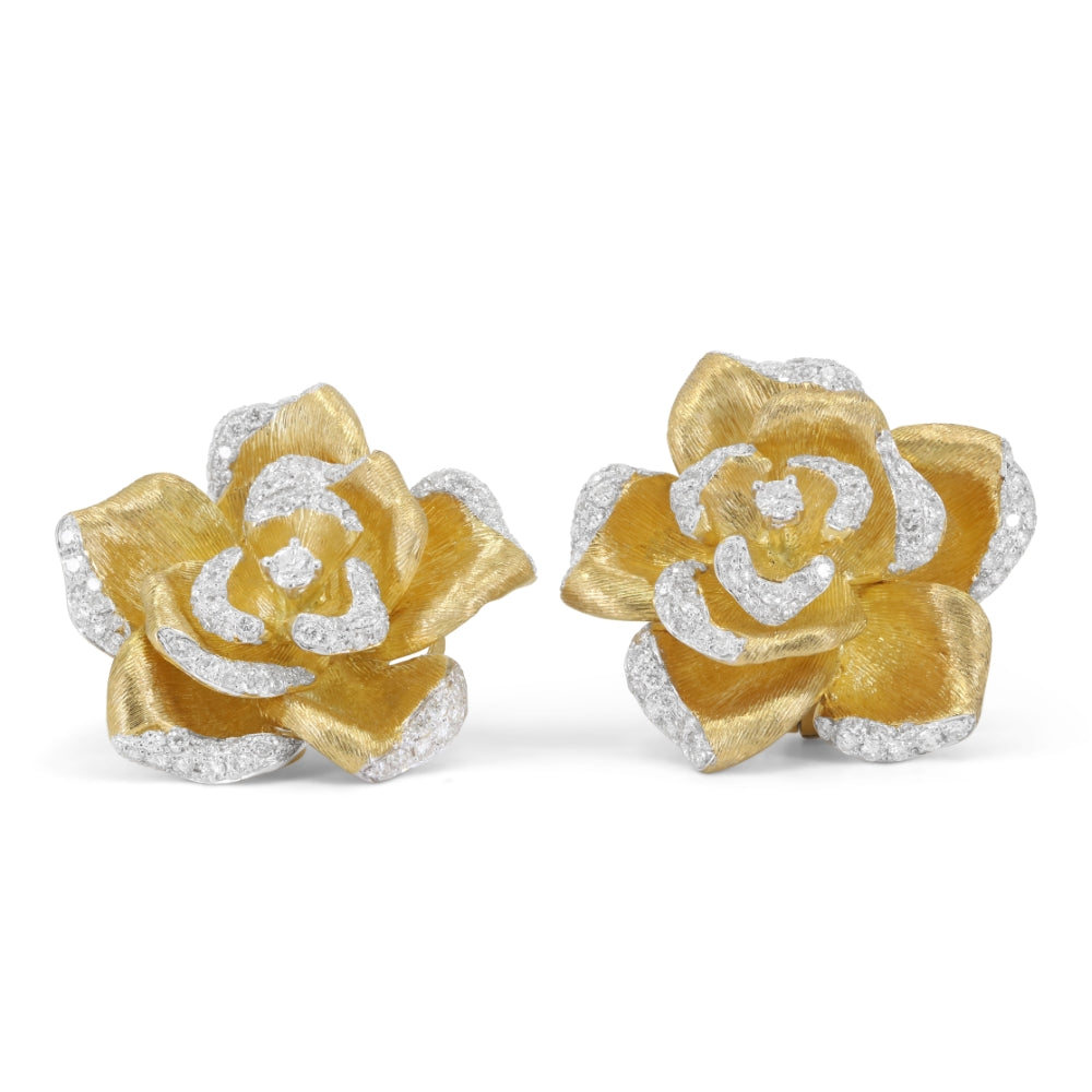 Beautiful Hand Crafted 18K Yellow Gold White Diamond Aspen Collection Stud Earrings With A Omega Back Closure