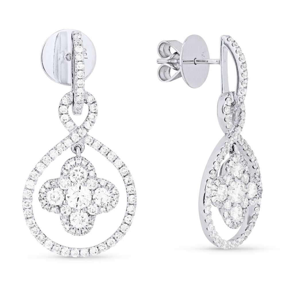 Beautiful Hand Crafted 18K White Gold White Diamond Aspen Collection Drop Dangle Earrings With A Lever Back Closure