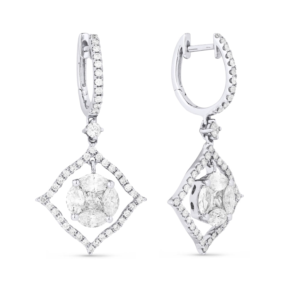 Beautiful Hand Crafted 18K White Gold White Diamond Aspen Collection Drop Dangle Earrings With A Lever Back Closure