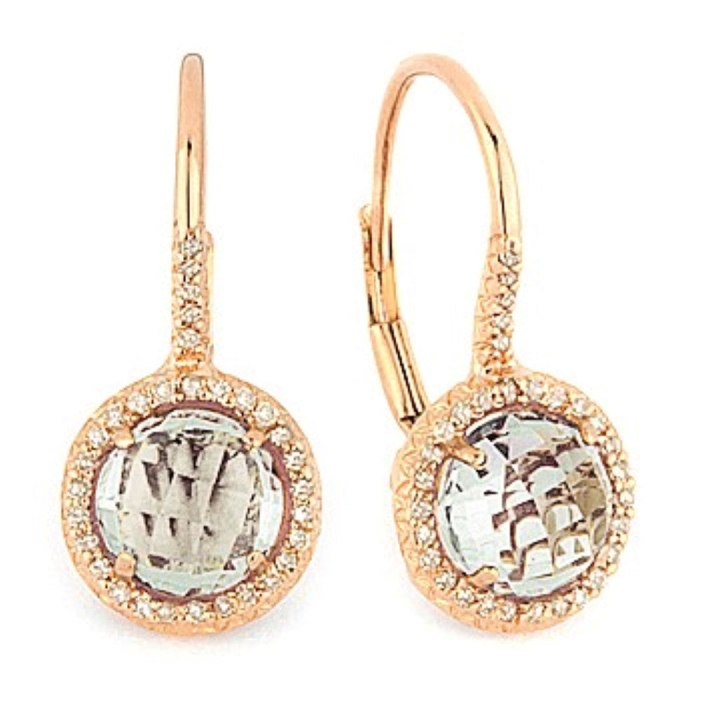 Beautiful Hand Crafted 14K Rose Gold 8MM Green Amethyst And Diamond Eclectica Collection Drop Dangle Earrings With A Lever Back Closure
