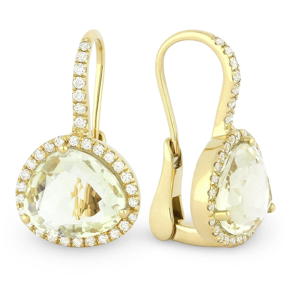 Beautiful Hand Crafted 14K Yellow Gold  Green Amethyst And Diamond Eclectica Collection Drop Dangle Earrings With A Lever Back Closure