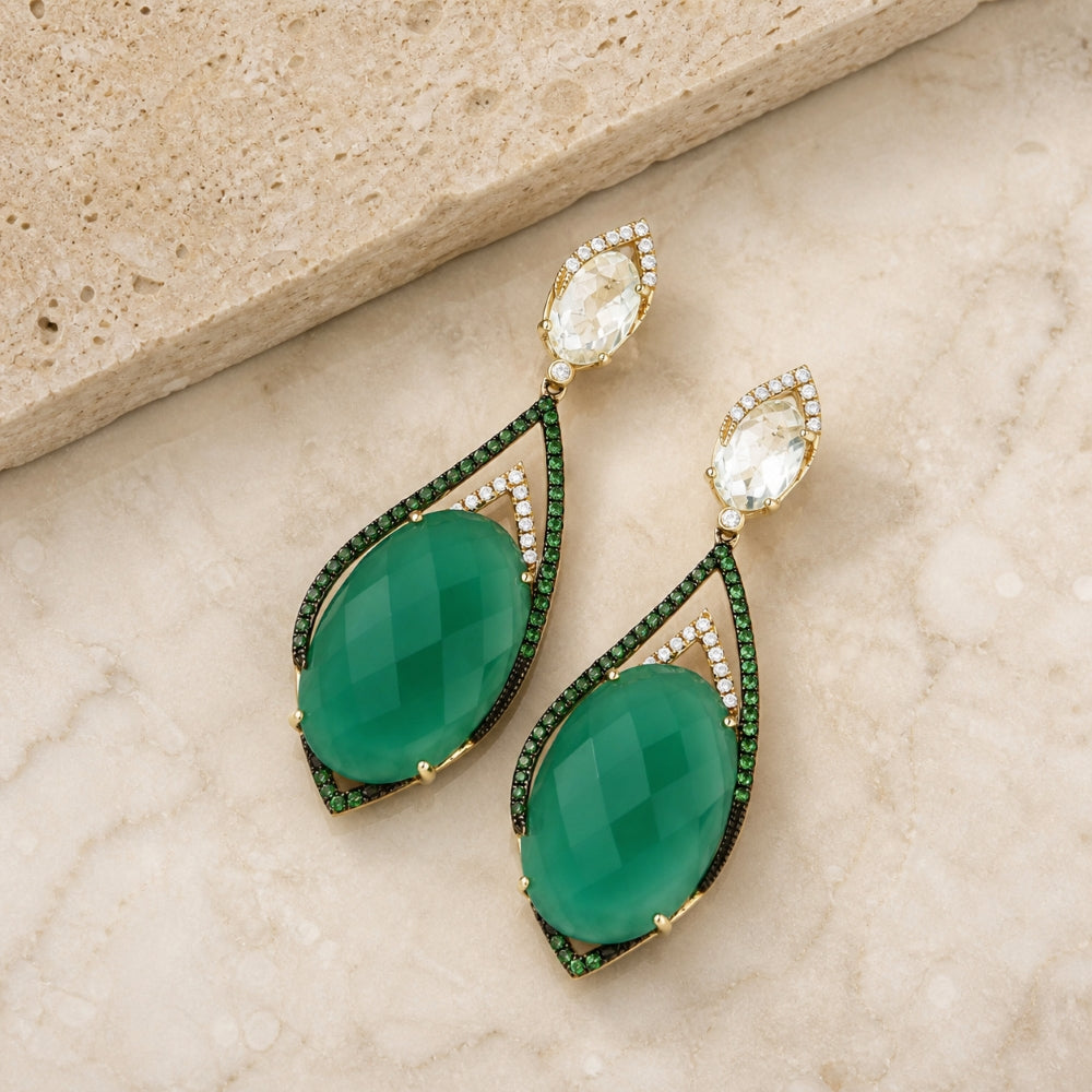 DE9957 - 14K Yellow Gold Green Agate Drop Earrings