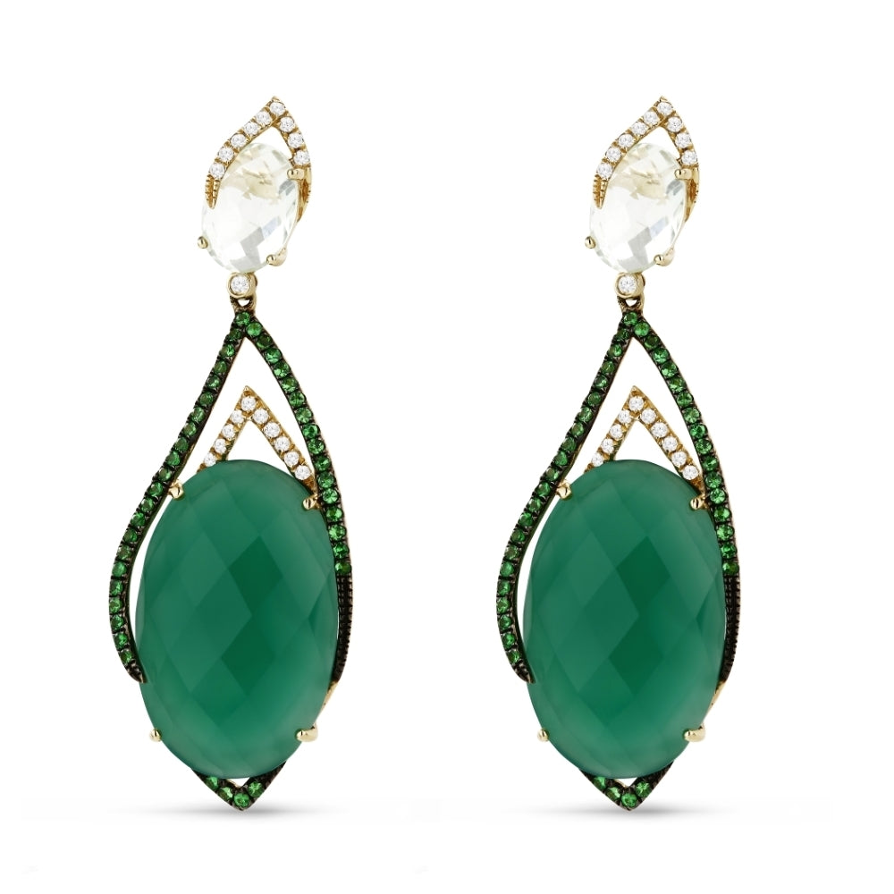 Beautiful Hand Crafted 14K Yellow Gold  Green Agate And Diamond Eclectica Collection Drop Dangle Earrings With A Lever Back Closure