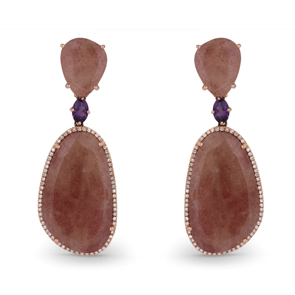 Beautiful Hand Crafted 14K Rose Gold  Quartz And Diamond Eclectica Collection Drop Dangle Earrings With A Lever Back Closure