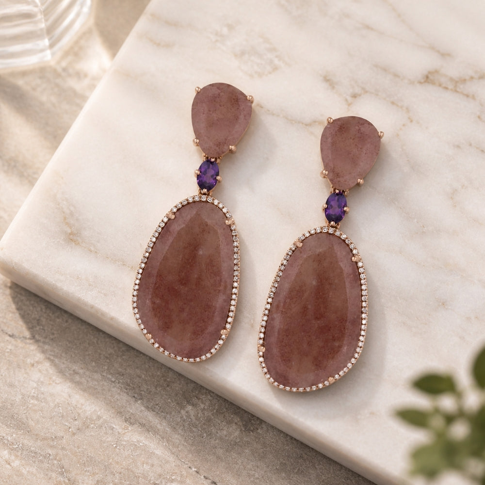 DE9987 - 14K Rose Gold Quartz Drop Earrings