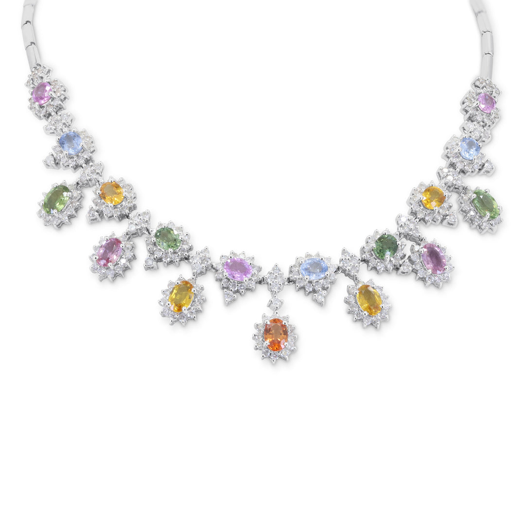 Beautiful Hand Crafted 14K White Gold  Multi Colored Sapphire And Diamond Arianna Collection Necklace