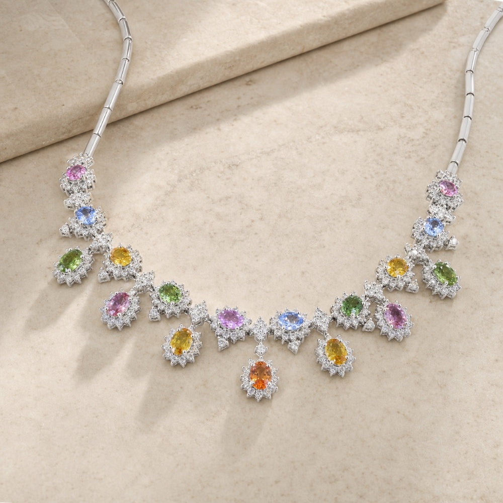 DN2198 - 14K White Gold Multi Colored Sapphire Cocktail Necklace