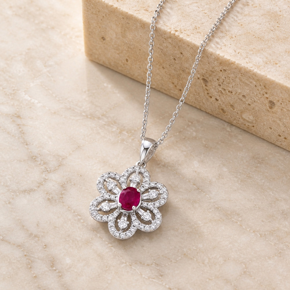 DN5123 - 18K White Gold Ruby Flower Pendant