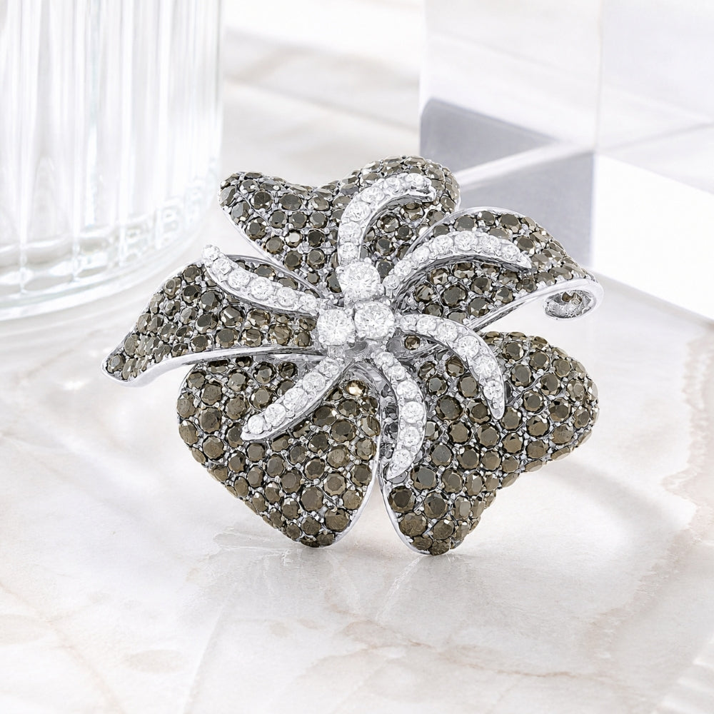 DR10225 - 18K White Gold Black Diamond Flower Ring
