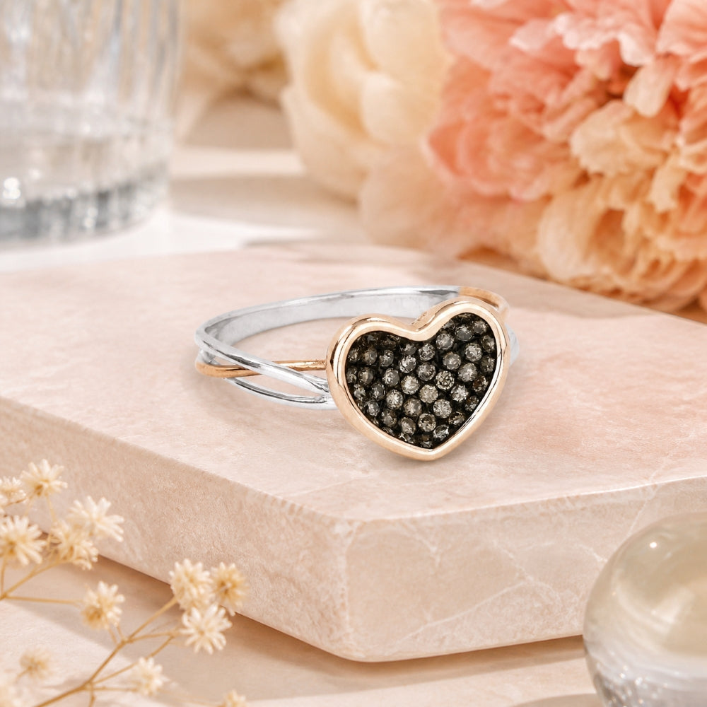DR12165 - 14K Two Tone Gold Brown Diamond Heart Ring