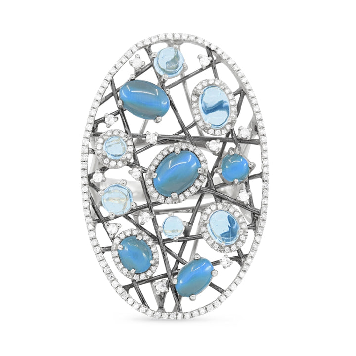 Beautiful Hand Crafted 14K White Gold  Blue Agate And Diamond Eclectica Collection Ring