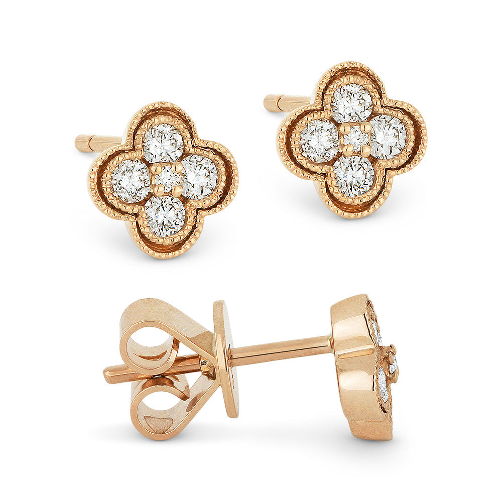 Beautiful Hand Crafted 14K Rose Gold White Diamond Milano Collection Stud Earrings With A Push Back Closure