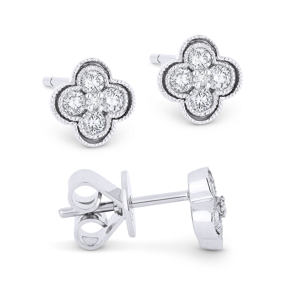 Beautiful Hand Crafted 14K White Gold White Diamond Milano Collection Stud Earrings With A Push Back Closure