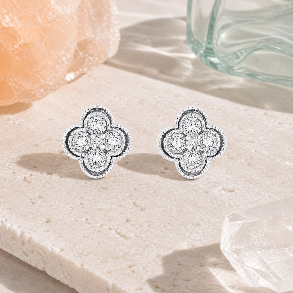 E1002 - 14K Gold Diamond Clover Stud Earrings